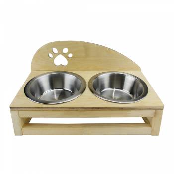  - PS27 Natural Wood Double Food Bowl With Backrest